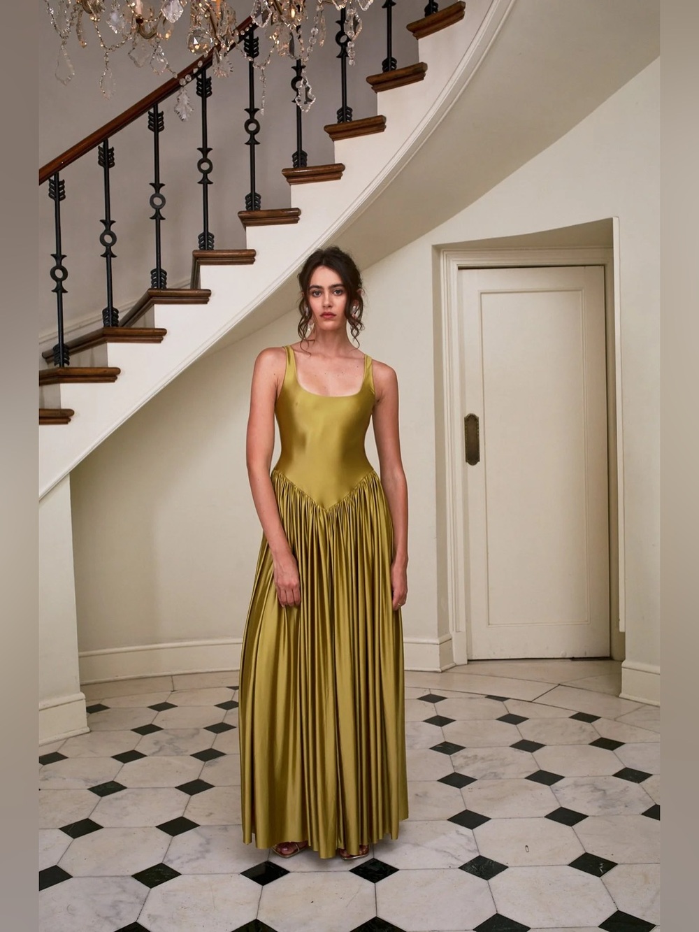 Delfi Collective Oriana Maxi Dress Midi Pleated Gold Olive Metallic Medium